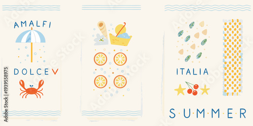Amalfi coast summer illustration with lemons beach elements and text