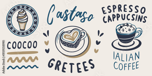 Castaso coffee shop branding with illustrations of coffee and desserts