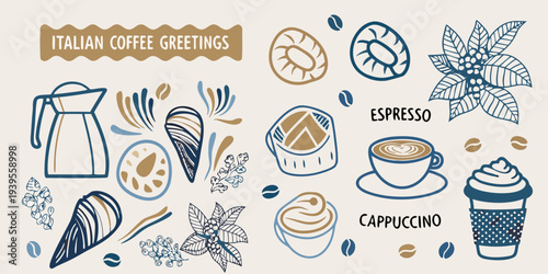 Italian coffee themed illustrations with beans cups and floral elements