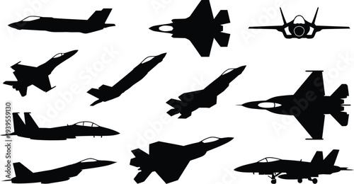 Generic fighter jet silhouettes collection with side view top down delta wing banking in solid black minimal for military aviation branding design