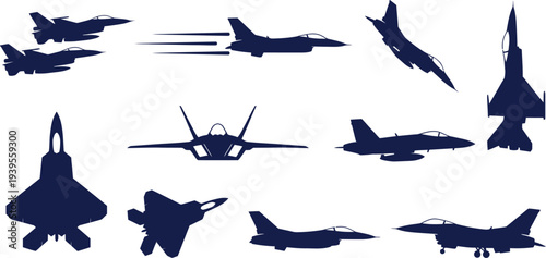 Dynamic fighter jet silhouettes with tight formation contrail diving climbing in bold navy blue for military aviation branding design