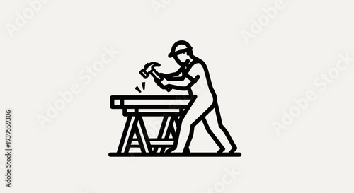 Carpenter Working on Wooden Workbench.