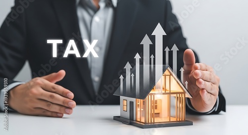 Businessman presenting a growing house with tax arrows indicating financial growth and investment