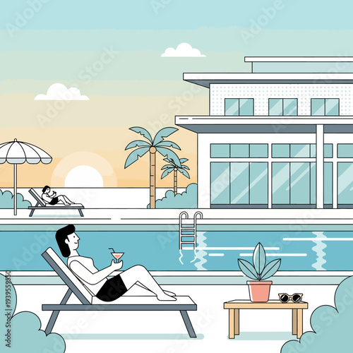 Luxury Villa Poolside Relaxation: Woman with Cocktail, Modern Architecture, Tropical Sunset
