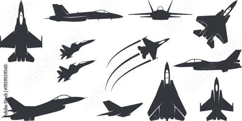 Modern aerospace fighter jet silhouettes with delta wing interceptor heavy fighter in solid charcoal grey for military aviation branding design