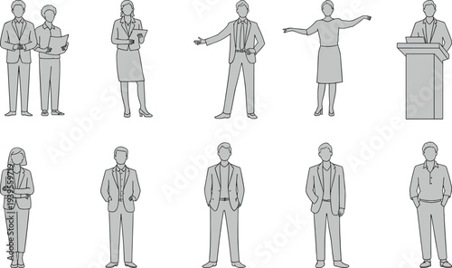 Set of business people vector illustrations featuring professional men and women in various office poses, presentation gestures, and corporate attire