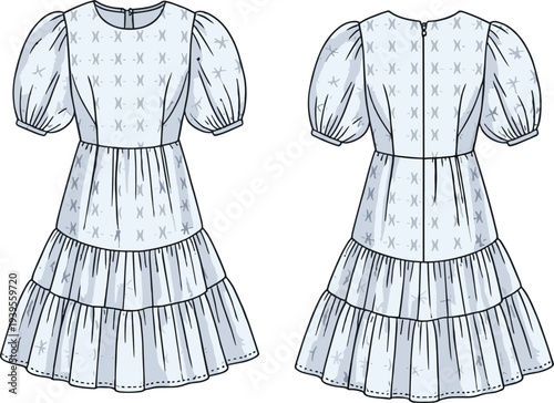 Light blue dress with star pattern and tiered skirt shown from front and back view puff sleeves