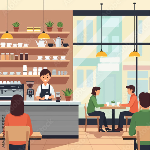 Barista serving coffee to customers in a cozy modern cafe interior with large windows