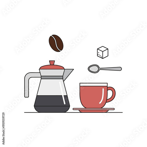 Coffee Maker, Cup, Sugar Cube, Spoon, and Coffee Bean - Morning Breakfast Concept