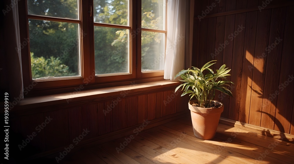 Fototapeta premium Warm sunlight streams through a window illuminating a potted plant in a cozy wooden room