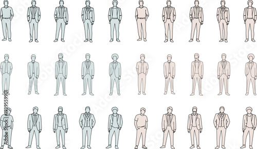 Set of diverse men's fashion illustrations featuring business formal suits, smart casual attire, and modern professional style outfits for men