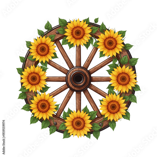 Rustic Wooden Wagon Wheel with Sunflowers Illustration.