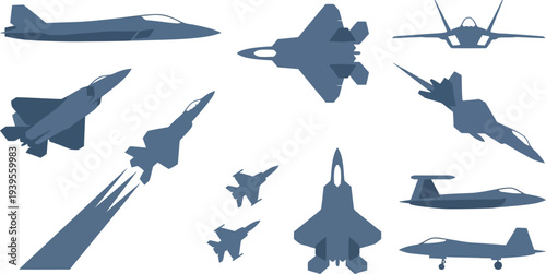 Futuristic fighter jet silhouettes with ultra sleek interceptor triple delta wing in solid slate blue for advanced aviation branding design