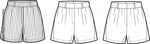 Three Different Styles of Shorts with Belt Loops and Pleats Illustrated in Black and White Line black and white