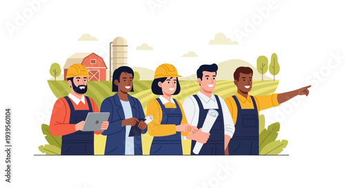 Diverse Team of Agricultural Experts & Business Professionals Collaborating on Rural Development and Sustainable Farming