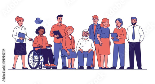 Diverse Professional Group Standing Together - Inclusion, Equality, and Accessibility. Modern Vector Illustration of a Team with Varied Ages, Genders, and Abilities.