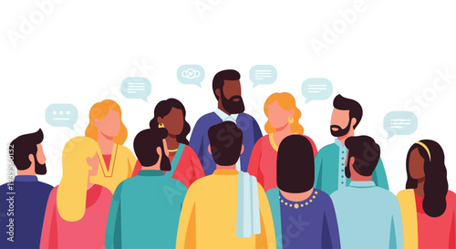 Diverse Group Communication & Discussion Vector. Inclusive Community, Global Collaboration, Teamwork, and Idea Exchange.