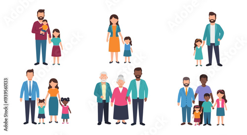 Diverse Family Structures Icon Set: Parents, Children, Grandparents, Modern Households