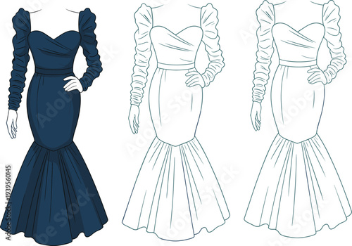 Three dresses with long sleeves and fitted bodices in blue and white line styles blue dress white dresses