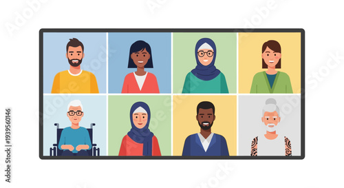 Diverse People in Video Conference Call. Virtual Online Meeting with Multicultural Avatars. Remote Work, Global Communication & Digital Collaboration.