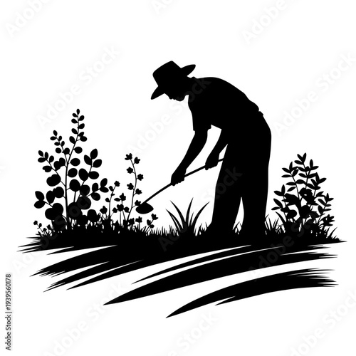 Gardener Silhouette Tending Plants with Hoe for Home Garden Maintenance, Organic Gardening Labor, Sustainable Farming Work, Community Garden Project, and Horticultural Care Designs