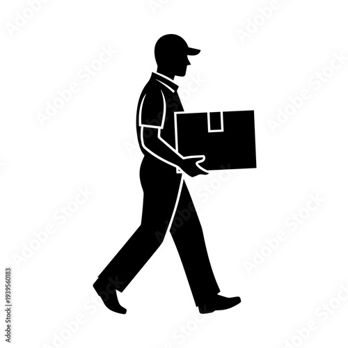 Black Silhouette Delivery Courier Carrying Package Icon for E-commerce Logistics, Parcel Shipping Service, Online Order Fulfillment, Last Mile Delivery, Global Supply Chain