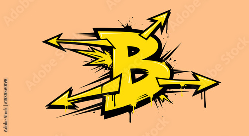 Bitcoin Logo Graffiti Style with Arrows.
