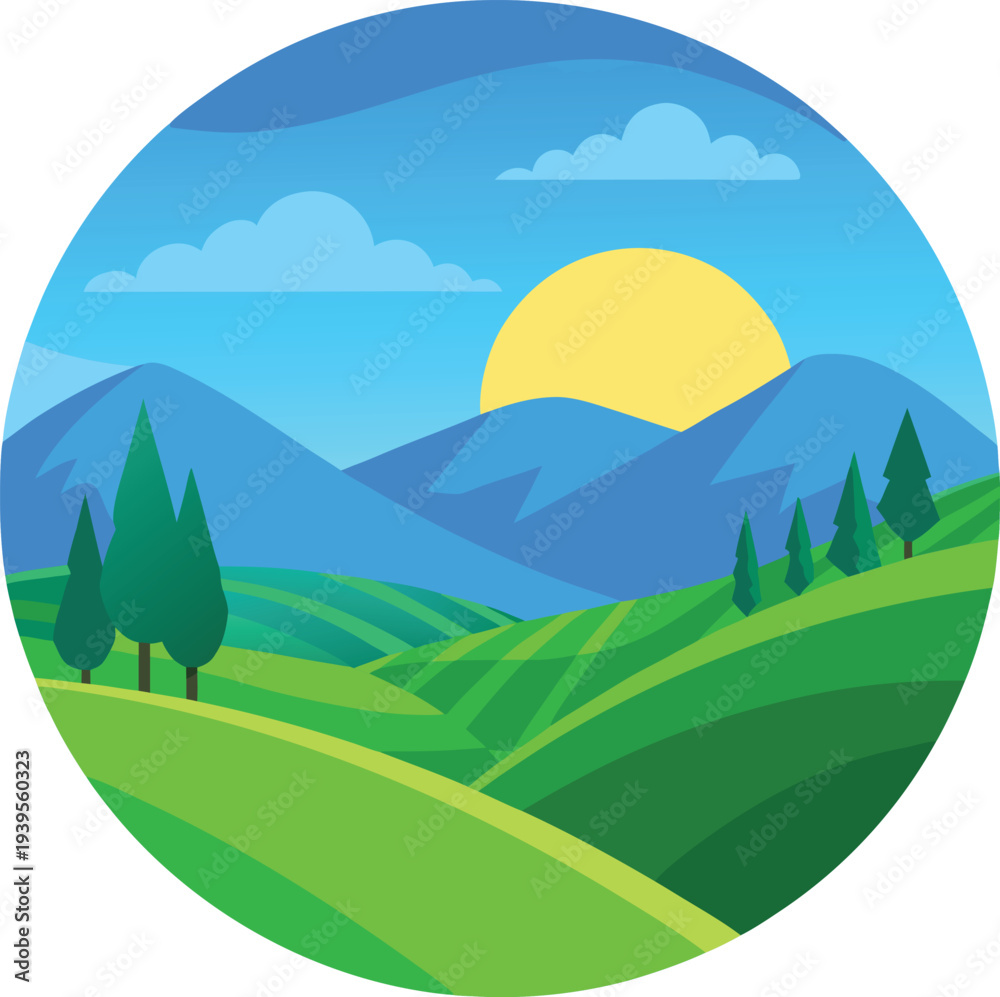 Fototapeta premium Flat Design Landscape Illustration with Mountains and Sun