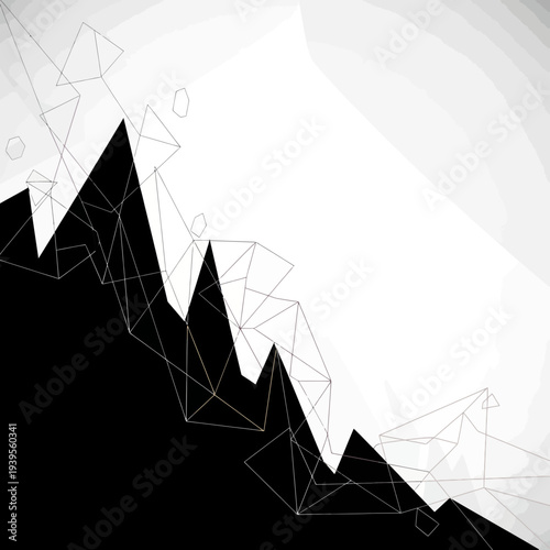 Abstract Geometric Mountain Peak - Wireframe and Polygon Design, Black and White