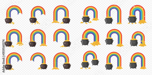 Set of cartoon rainbows with pots of gold, symbolizing luck and treasure, on a transparent background.