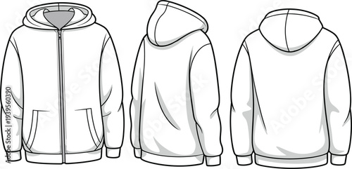 Three views of a gray hooded sweatshirt with a front zipper and pockets