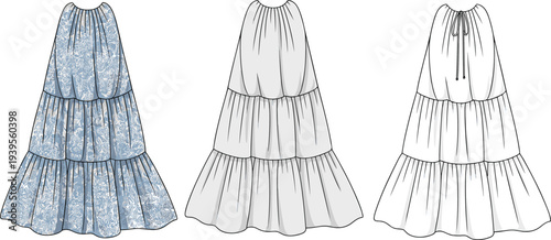 Three Tiered Skirts with Different Fabric Patterns and blue