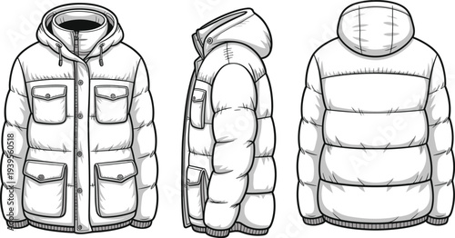 Three views of a white puffer jacket with multiple pockets and a hood buttons