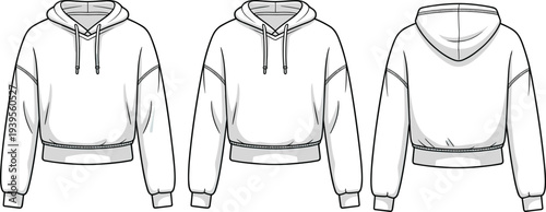 Three White Hoodies with Gray Accents Displayed from Front Left Side and Back Views casual