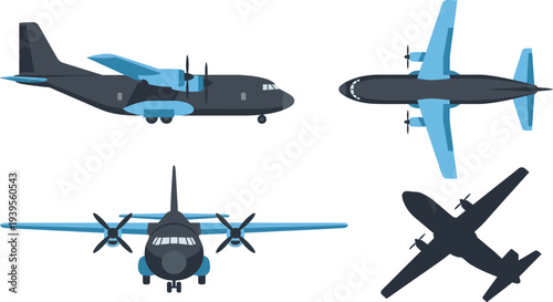 Robust logistics transport aircraft with twin engine high wing wide body in charcoal sky blue for cargo aviation branding design