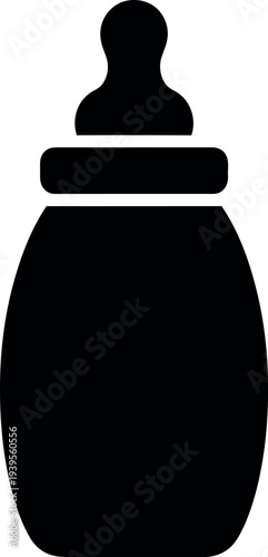 Simple black silhouette of a baby bottle with a nipple and cap on a white background