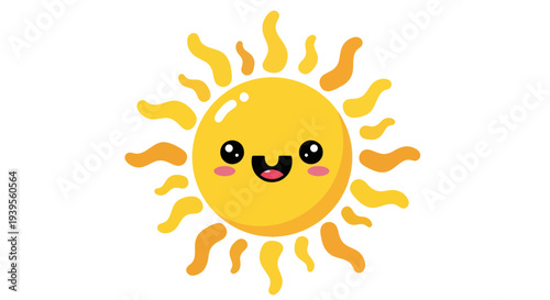 Cute Kawaii Sun Character Smiling with Blushing Cheeks and Wavy Rays