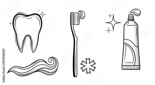 Dental Hygiene Icons: Tooth, Toothbrush, Toothpaste, Sparkles