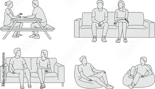 Set of line art illustrations featuring people in various seating arrangements, including a picnic table, couches, and relaxing bean bag chairs
