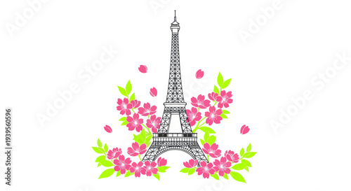 Eiffel Tower with Pink Cherry Blossoms and Green Leaves, Paris Spring Icon