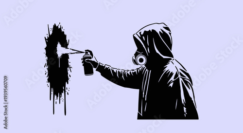 Hooded Figure Spray Painting with Can.