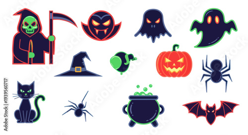 Halloween Icons: Grim Reaper, Vampire, Ghost, Pumpkin, Spider, Cat, Bat, Witch Hat