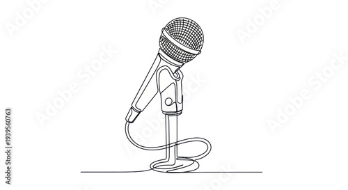 Minimalist Microphone Line Art Drawing on White Background
