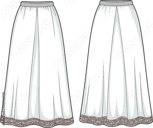 Two Long White Skirts with Brown Lace Trim and Vertical Pleats