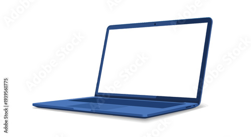 Modern Blue Laptop Computer Open, Blank White Screen, Isolated on White Background