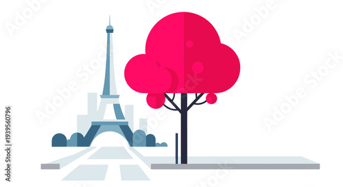 Parisian Eiffel Tower Landmark with Abstract Pink Tree and Street View