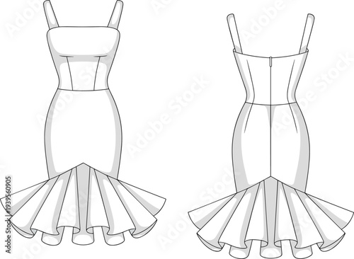 Two White Dresses with Flared Skirts and Thin Straps Shown from Front and Back Views front view