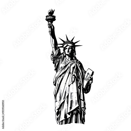 Statue of Liberty Black and White Illustration with Torch and Book
