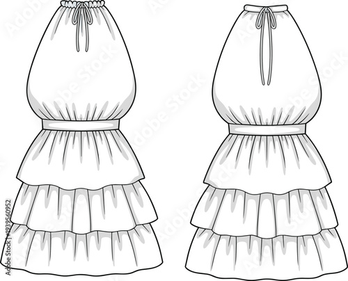 Two White Multi- Layered Ruffled Skirts with Drawstrings and Tassels Illustrated in Black and White