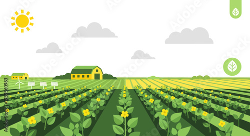 Sustainable Farm Landscape with Solar Panels and Barn - Flat Design